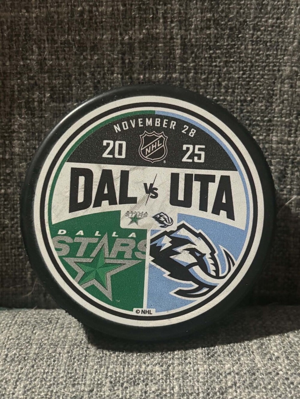 Dallas Stars vs Utah Mammoth November 28, 2025 Official Match Up Hockey Puck